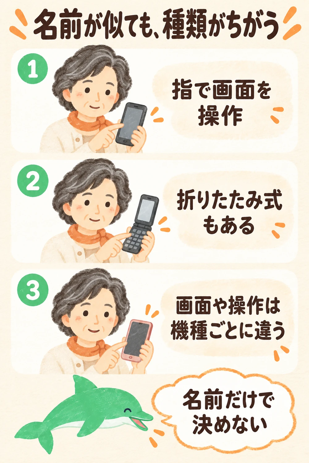 らくらくスマートフォン、折りたたみ式のらくらくホン、他社のシンプルなスマホを区別する図