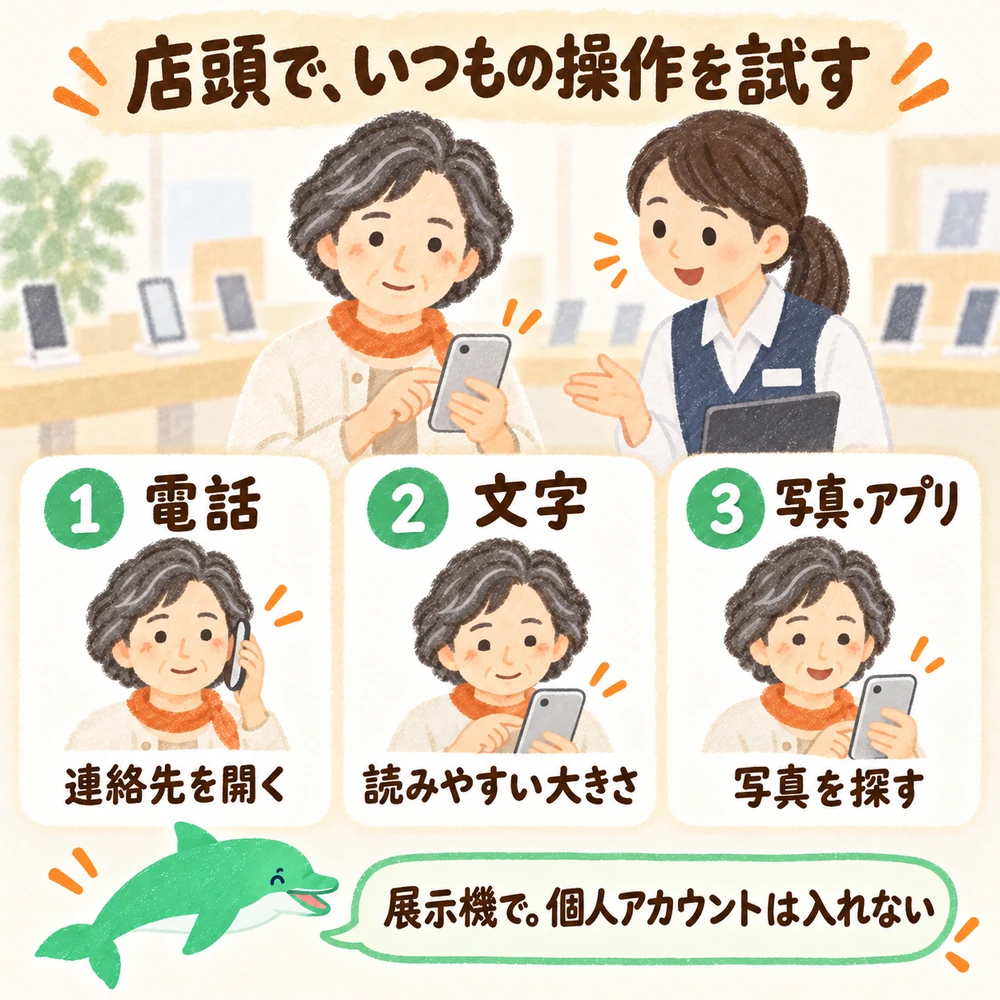 電話・文字・写真の操作を候補比較の視点として店頭で見比べる図。標準練習は発信前に戻る操作と見本の写真を開いて戻る操作の二つ。