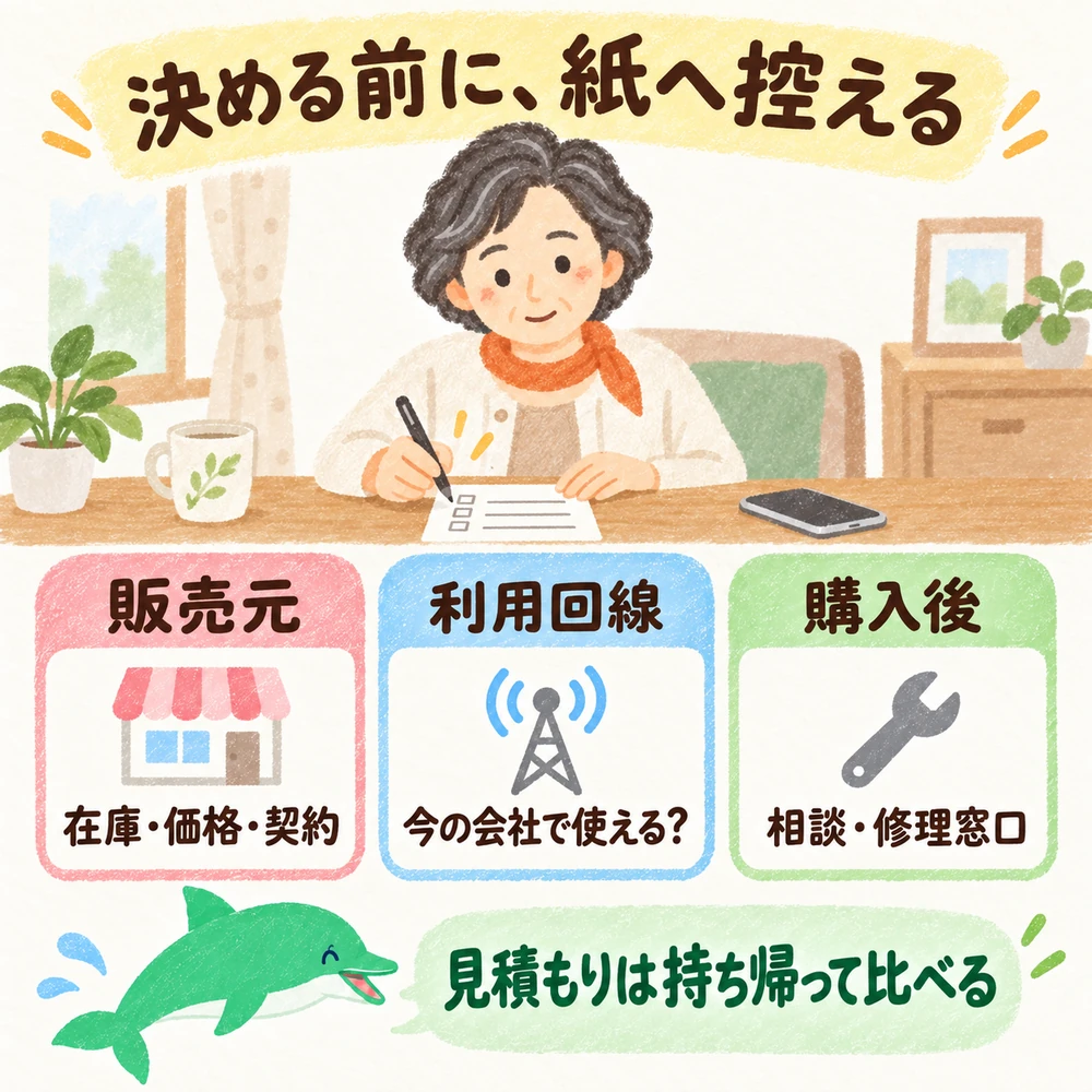 購入前に販売元・回線・サポート窓口を紙に控えて持ち帰る確認図