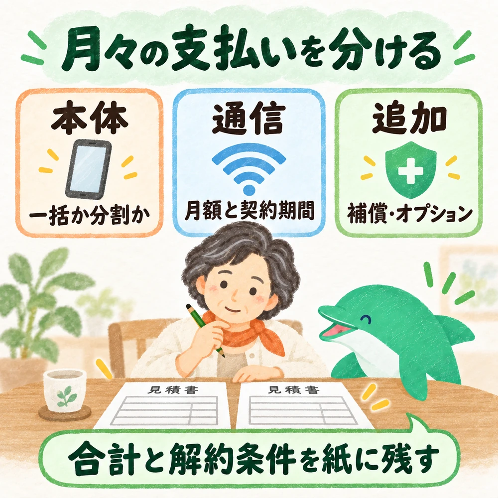 本体代・通信料・補償などを分けて支払い総額を比べる図。