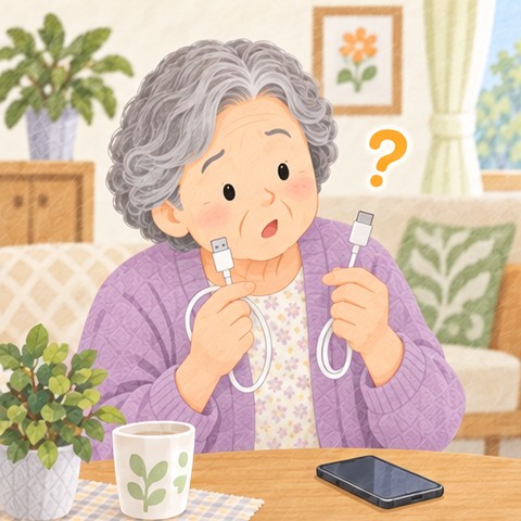 年配の女性が、同じような白い充電ケーブル2本を見くらべて首をかしげている