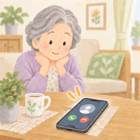 テーブルの上で鳴っているスマホを、年配の女性が手を出さずに落ち着いて見ている