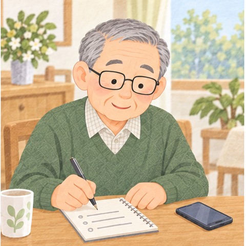 年配の男性がテーブルでノートに分からないことを書き出していて、横にスマホが置いてある