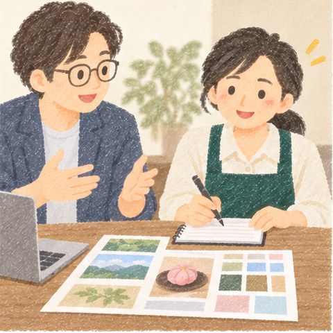 メガネのデザイナーの男性からアドバイスを聞いて、お店の女性がうなずきながらメモしている