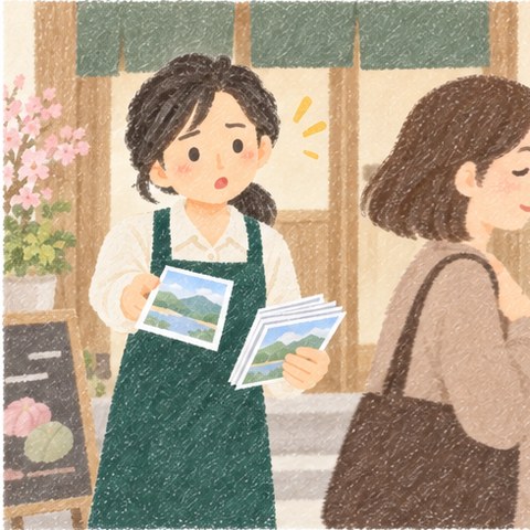 お店の前でチラシを配る女性。通りがかりの人は気づかずに通りすぎ、女性は少し困った顔