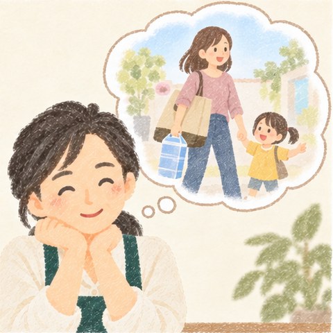 お店の女性が目を閉じて、子どもと手をつなぎ水のペットボトルを持って歩く30代の女性を思い浮かべている