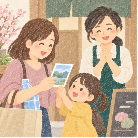 お店の前で、子ども連れの30代の女性がチラシを手に取ってにっこり。そばでお店の女性がうれしそうに見ている