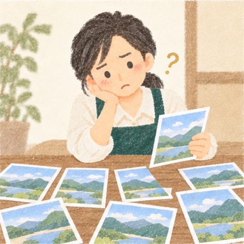 テーブルに、空と山のよく似たチラシが何枚も並び、お店の女性が首をかしげて見くらべている
