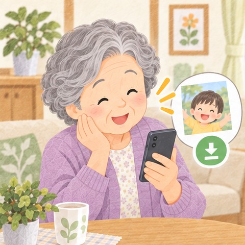 年配の女性がLINEで届いた孫の写真をスマホに保存して、ほっとした笑顔