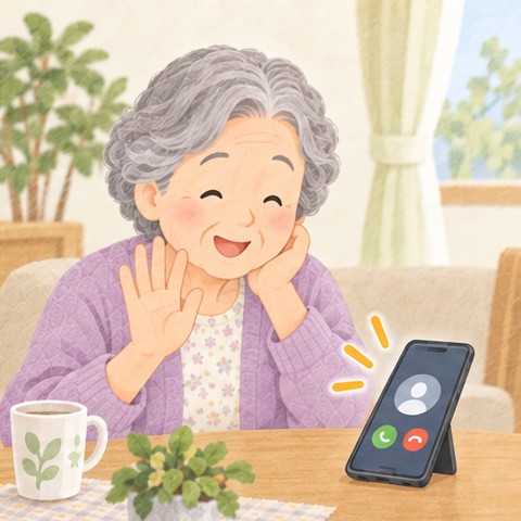 年配の女性がテーブルにスマホを置いて、スピーカーで楽しそうに話している