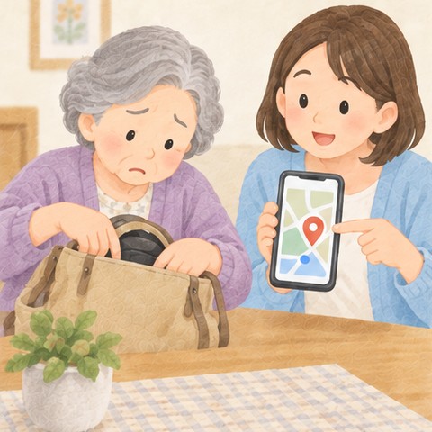 かばんの中を探して困った顔の年配の女性に、娘さんがスマホの地図を見せている