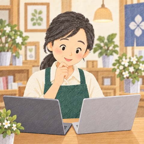 お店の事務机で、エプロンの店主の女性がノートパソコン2台を見くらべて考えている