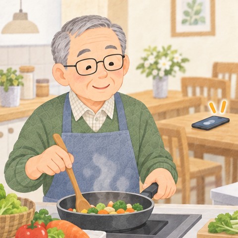 台所で料理中の年配の男性が、テーブルで鳴っているスマホに気づいていない