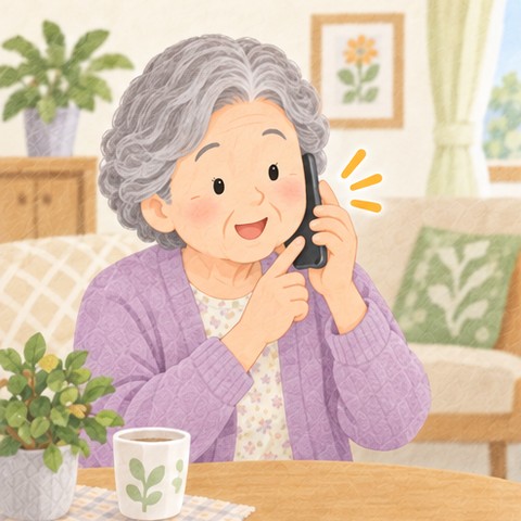 年配の女性がスマホを耳にあてて、横のボタンで相手の声を大きくしている