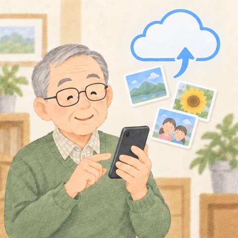 年配の男性がスマホの写真を見ていて、写真が雲の預け先へ上がっていく