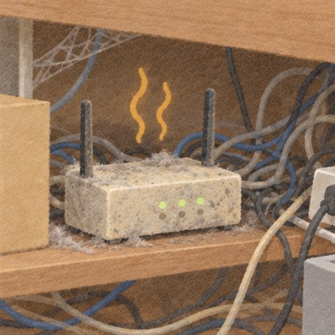 お店のレジの下で、ほこりをかぶって熱くなった古いルーター