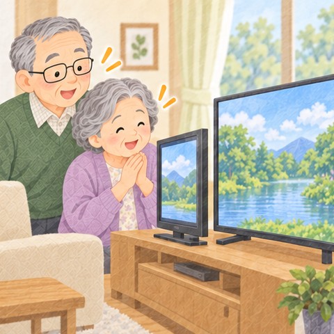 年配の夫婦が、古い小さめのテレビと新しい大きなテレビを見くらべて喜んでいる
