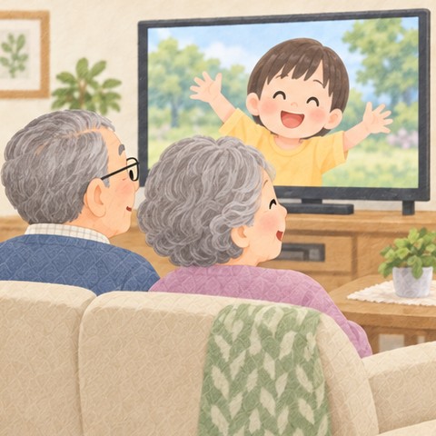 大きなテレビに孫の動画が映っていて、ソファの年配の夫婦がうれしそうに見ている
