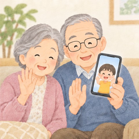 年配の夫婦がソファに並んで、スマホのビデオ通話で孫に手をふっている