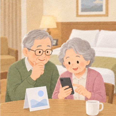 ホテルの部屋で、テーブルの上の案内カードを見ながらスマホを操作する年配の夫婦