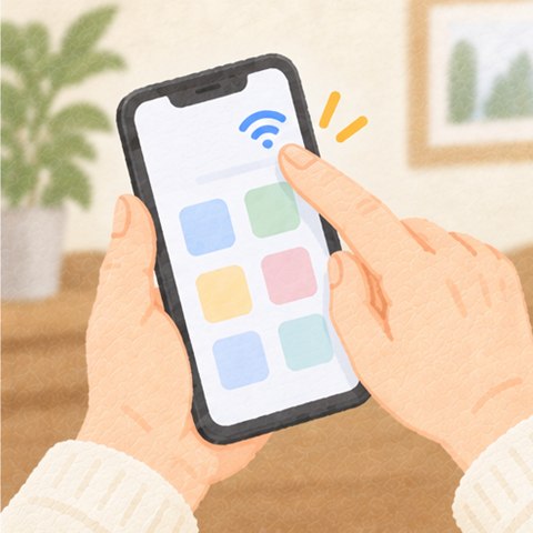 スマホの画面のいちばん上の、扇の形のWi-Fiマークを指でさす手元