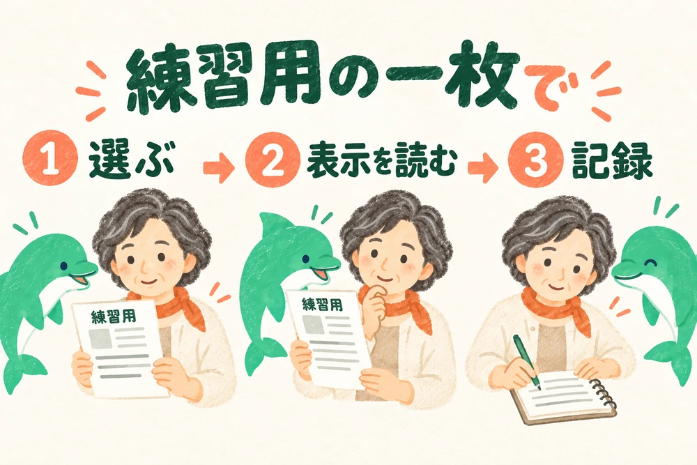 練習用の案内一枚を選び、共有の表示を見て、秘密を書かないシートへ記録する三段階。