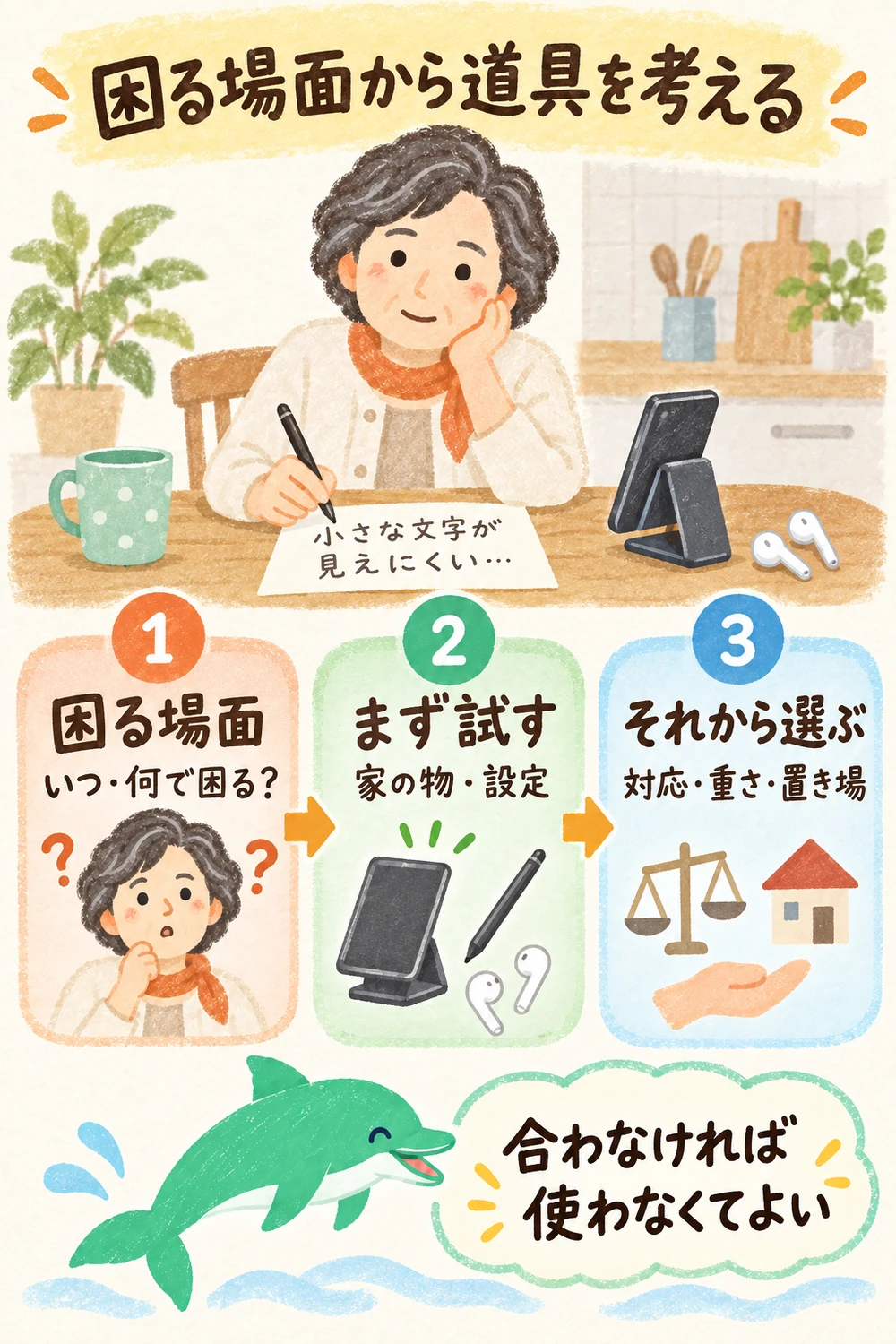 困る場面を一つ選び、家にある物や設定を試してから道具を考える図