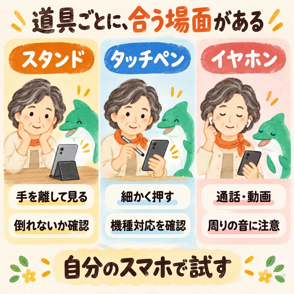 スタンド、タッチペン、イヤホンの向く場面と合わない場面を比べる図