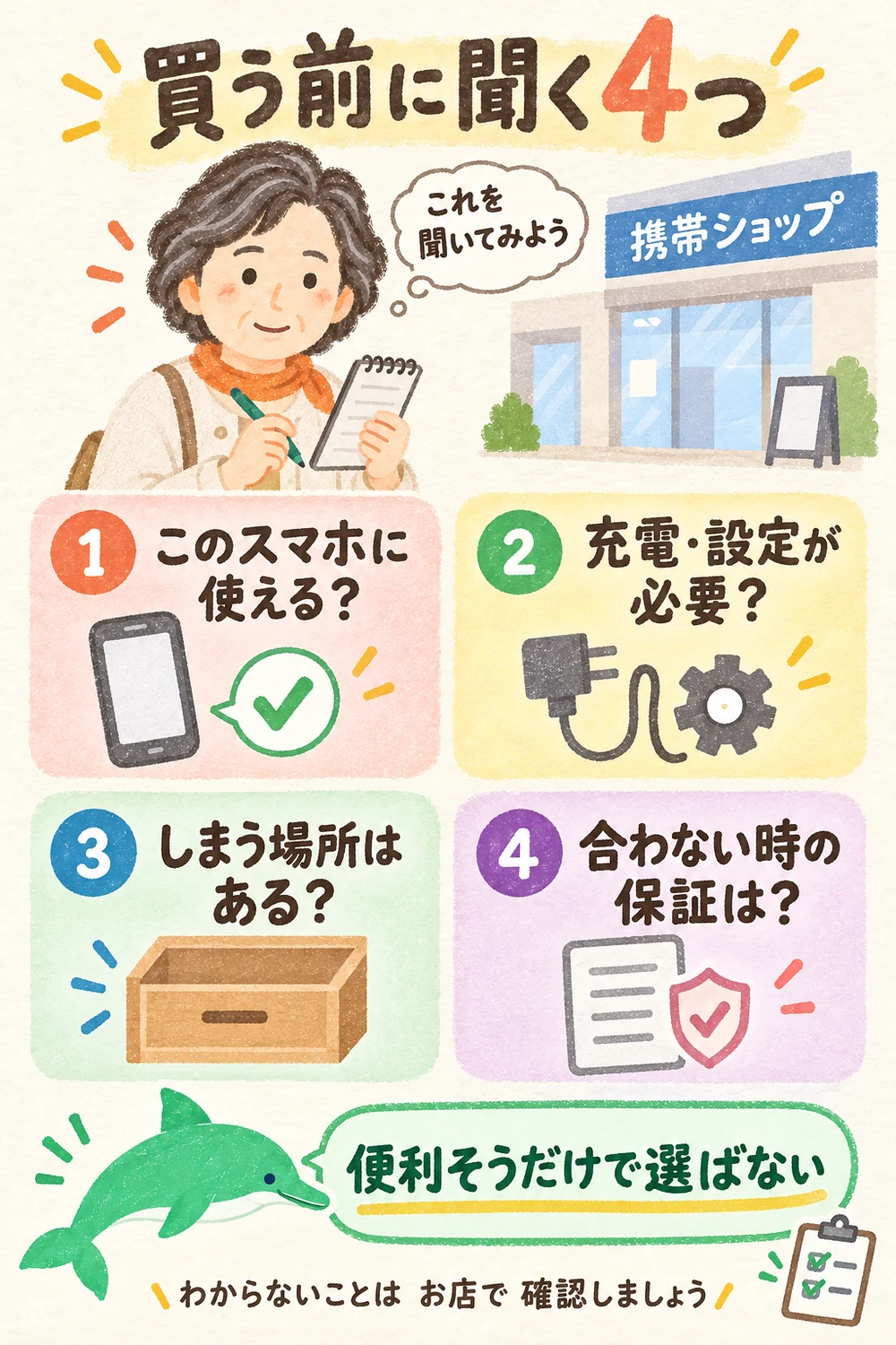 道具を買う前に試すこと、買った後にやめる目安を紙にまとめる図
