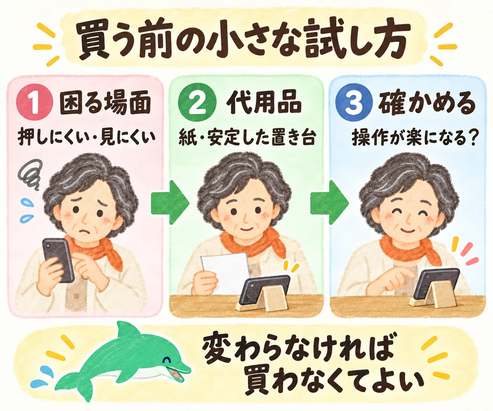 購入前に困る動作と代用品で改善するかを試す順序図。