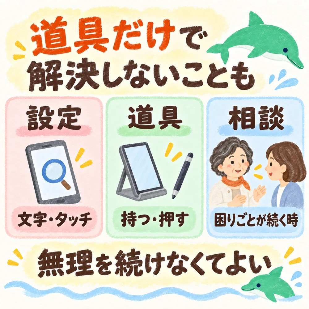 設定・補助道具・相談のどれを試すか困りごと別に示す図。