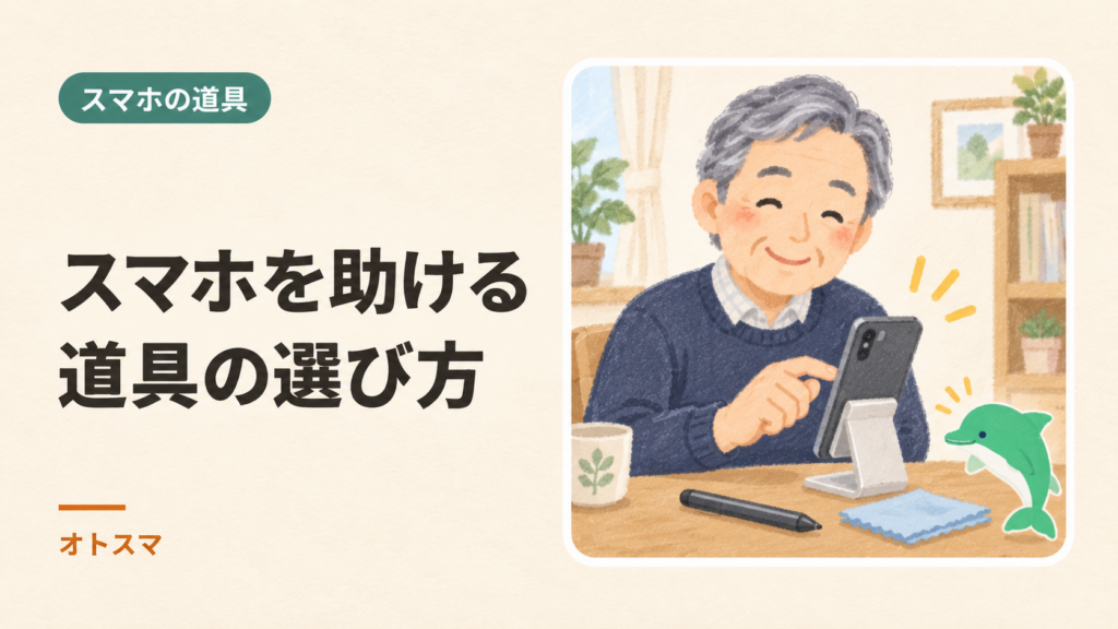 スマホを使いやすくする道具。困る場面から選ぶ5つの工夫を説明する表紙イラスト。