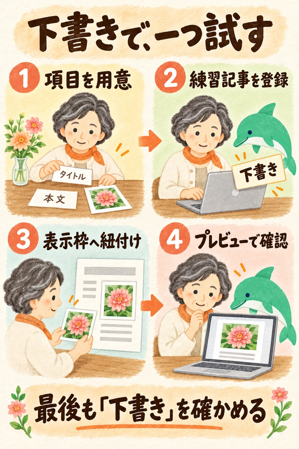 Studio CMSのモデル、記事、表示枠を用意し、下書きのままプレビューで確かめる四段階