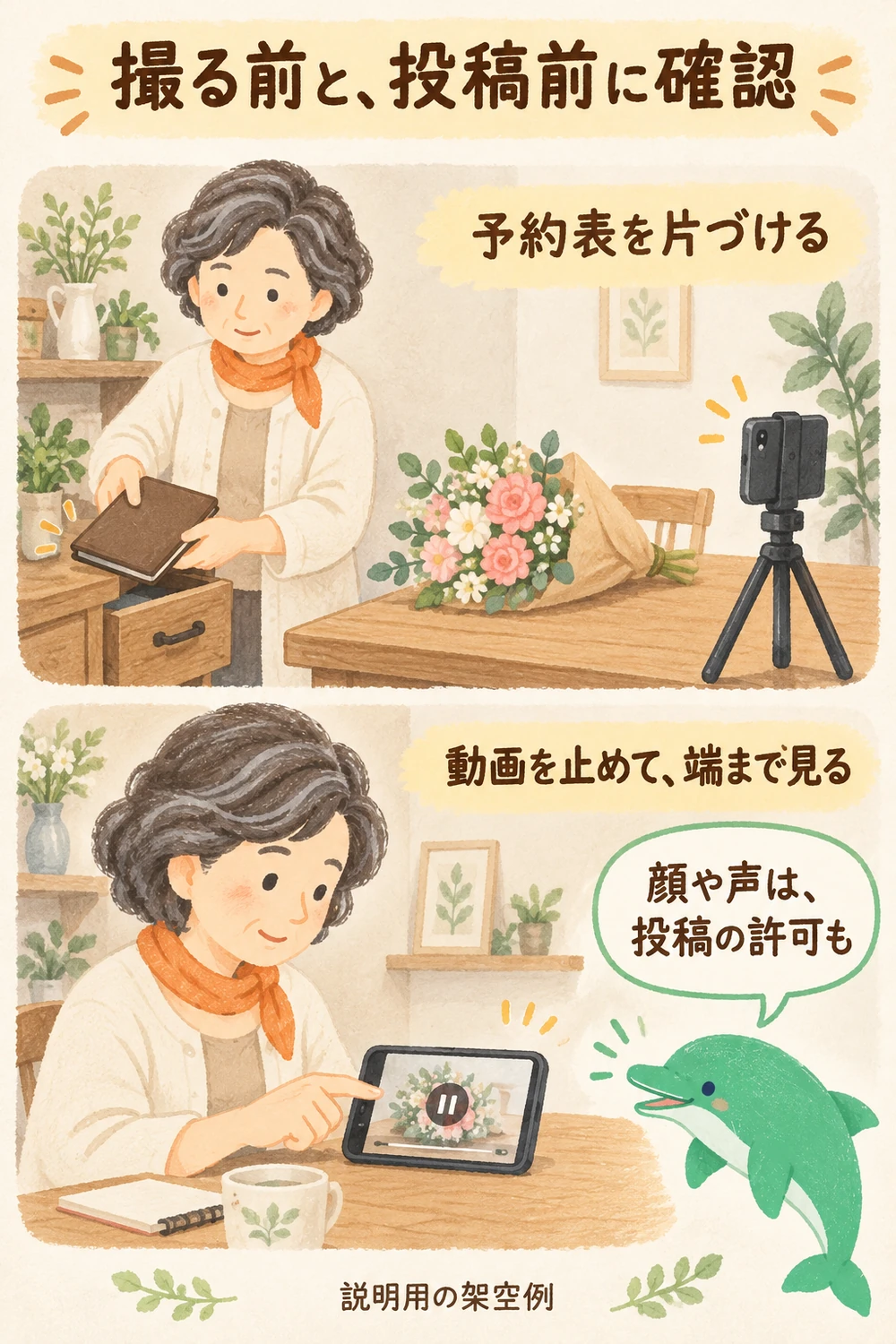 撮影前に予約台帳を片づけ、投稿前は動画を止めて背景まで点検する女性店主。