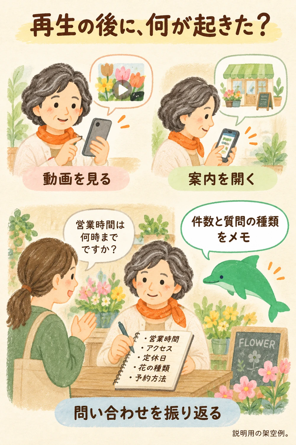 視聴、案内の閲覧、問い合わせを分けて振り返り、質問の種類を記録する架空の花店。