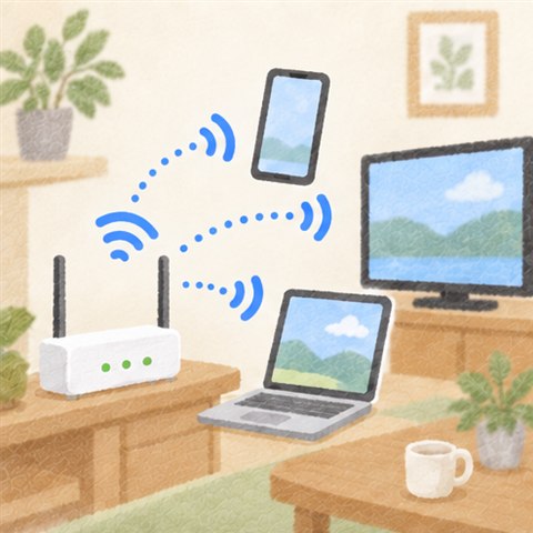 Wi-Fiのイメージ。ルーターから電波が広がり、スマホ・パソコン・テレビにとどく