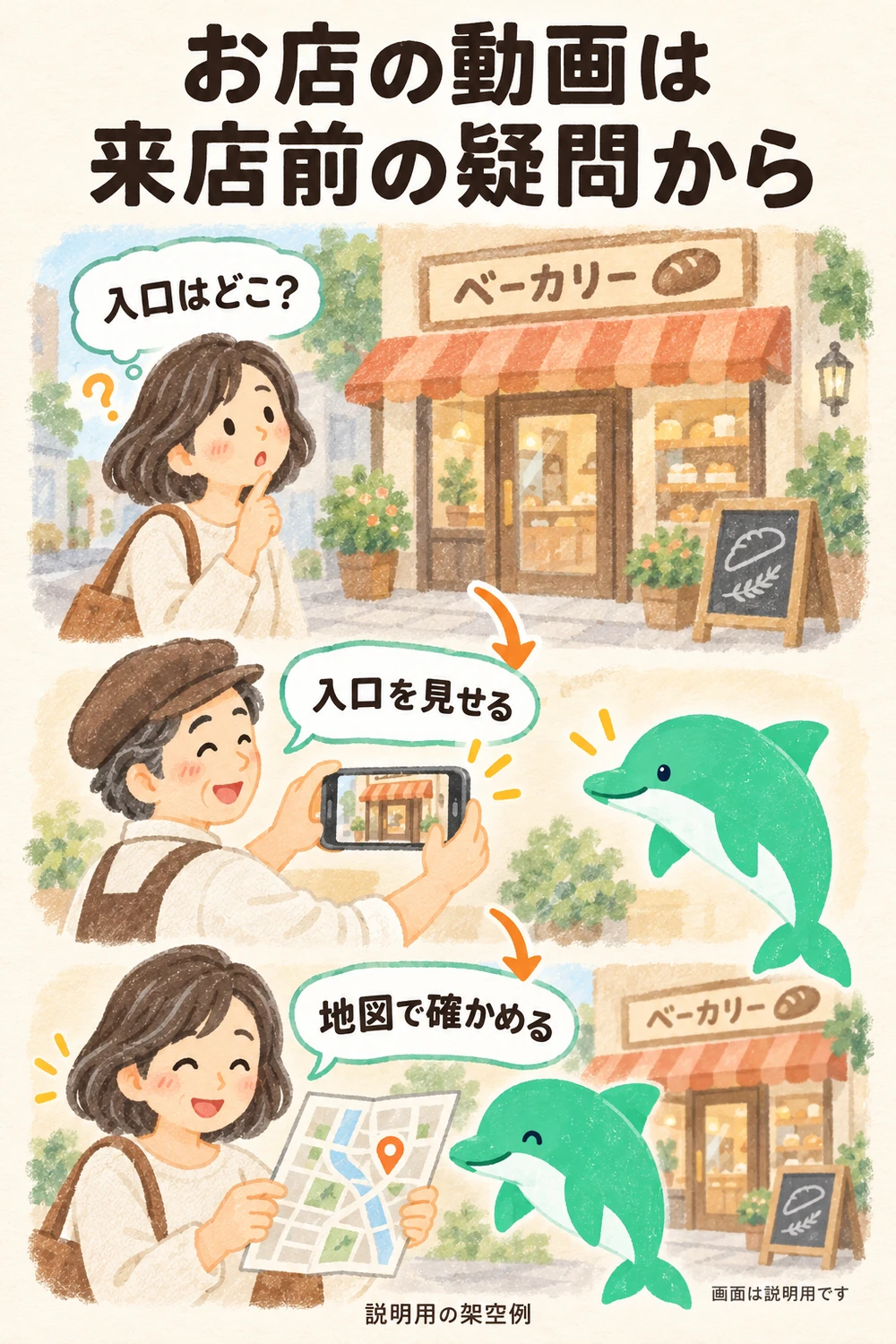 初めて来る人の入口の疑問に答える動画を撮り、地図の確認へ案内するパン店の架空例。