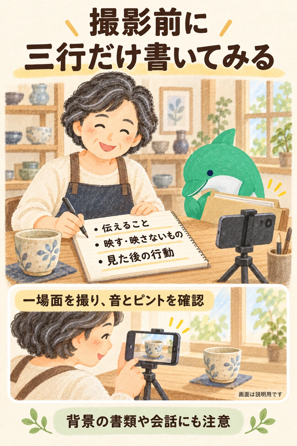 伝えること、映すものと映さないもの、見た後の行動を三行に書いてから、商品の一場面を撮る店主。