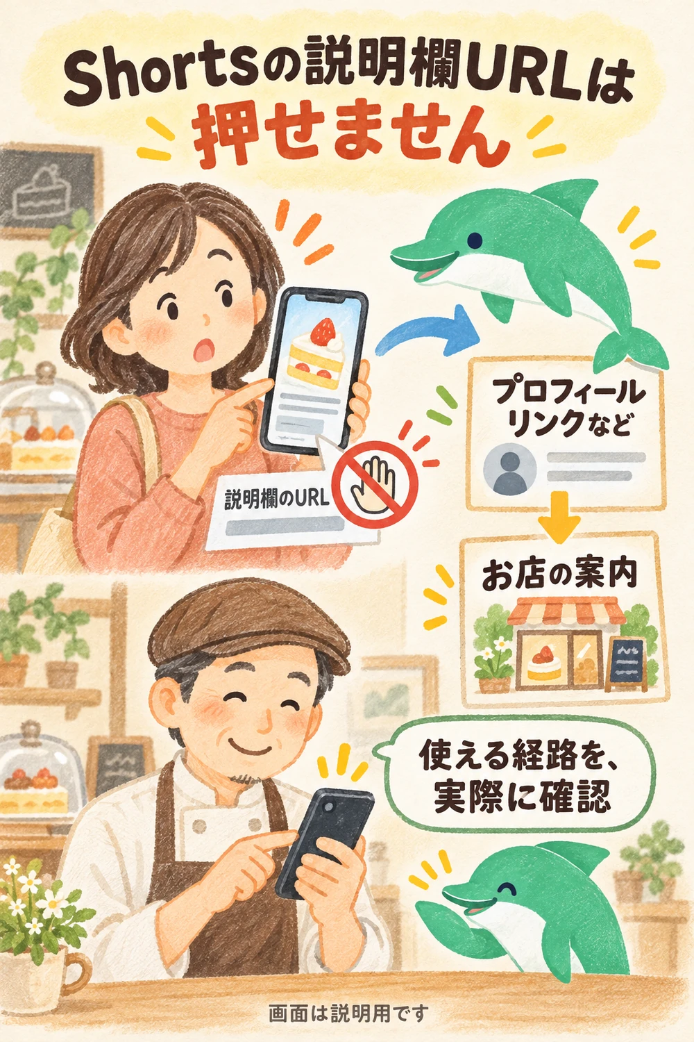 Shortsの説明欄に書いたURLを押す案内ではなく、プロフィールリンクなど実際に使える経路からお店の案内へ進む概念図。