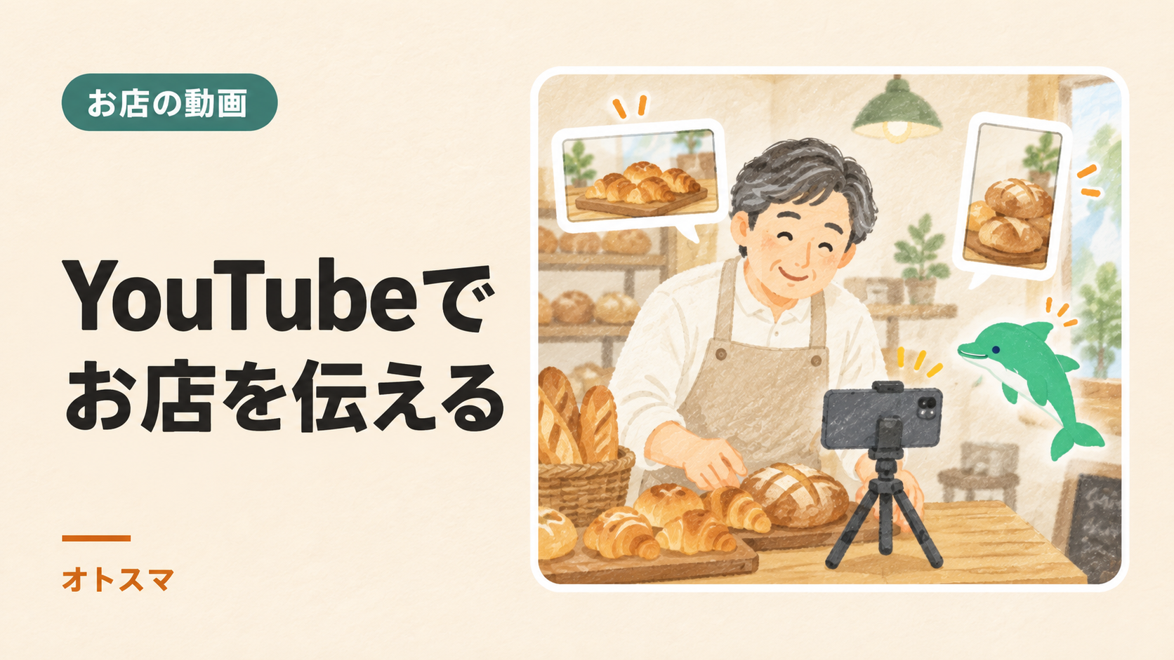 YouTubeはお店でどう使う?長い動画とShortsの選び方、撮影前の準備を説明する表紙イラスト。