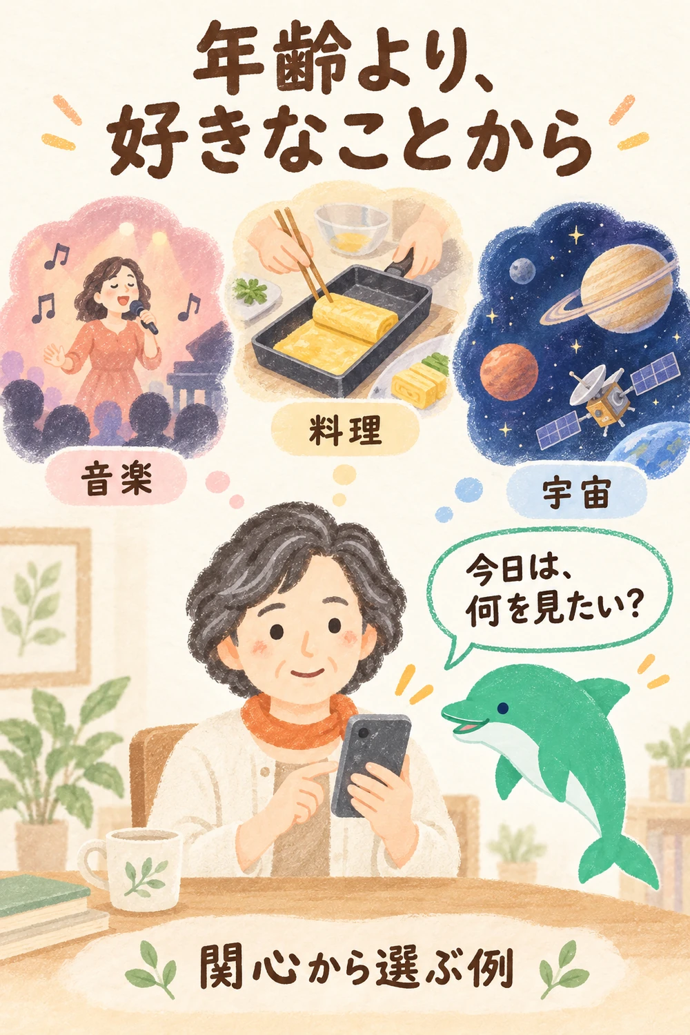 音楽、料理、宇宙の話題を思い浮かべ、好きな動画を選ぶ女性。
