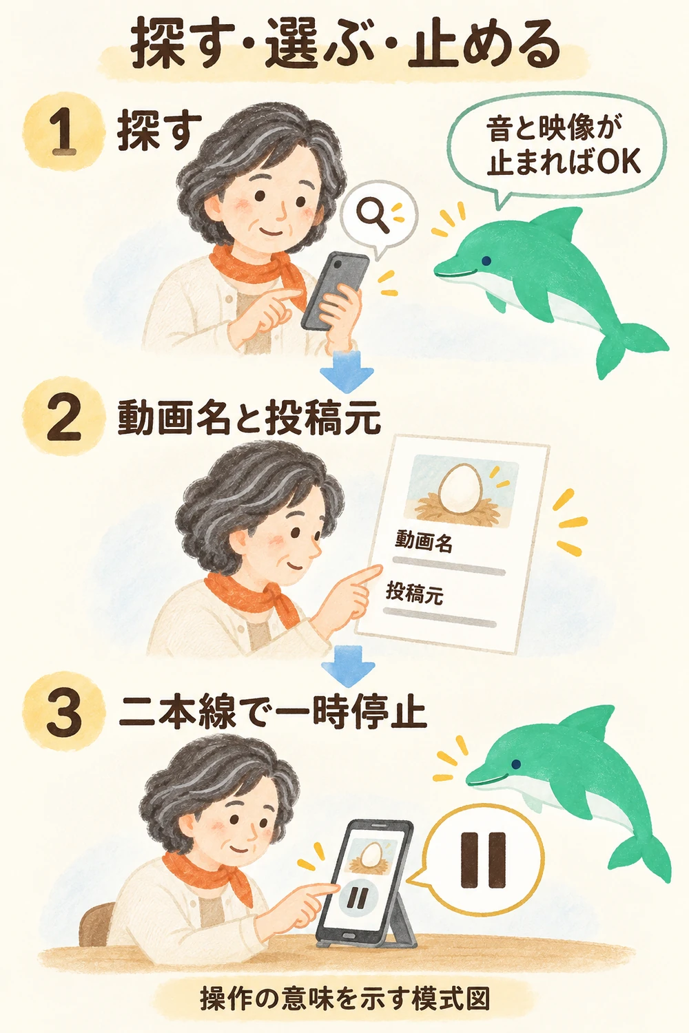検索、動画名と投稿元の確認、一時停止の二本線の順に練習する女性。