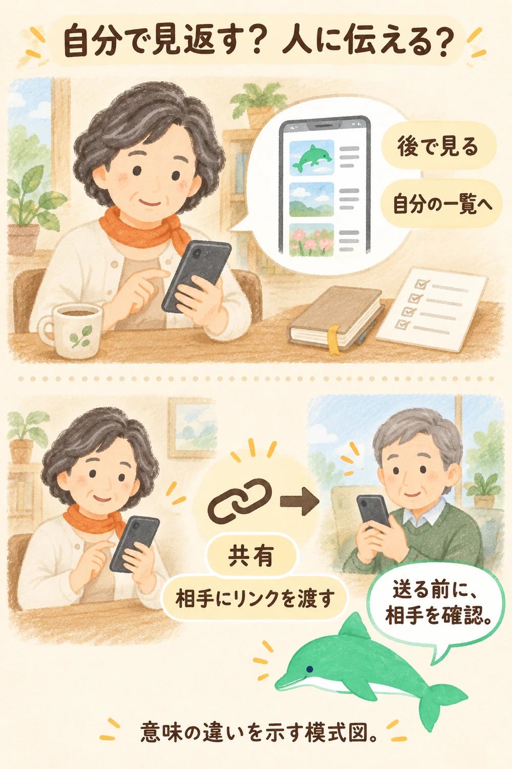 後で見るは自分の動画一覧、共有は相手へリンクを渡すことを描き分けた図。