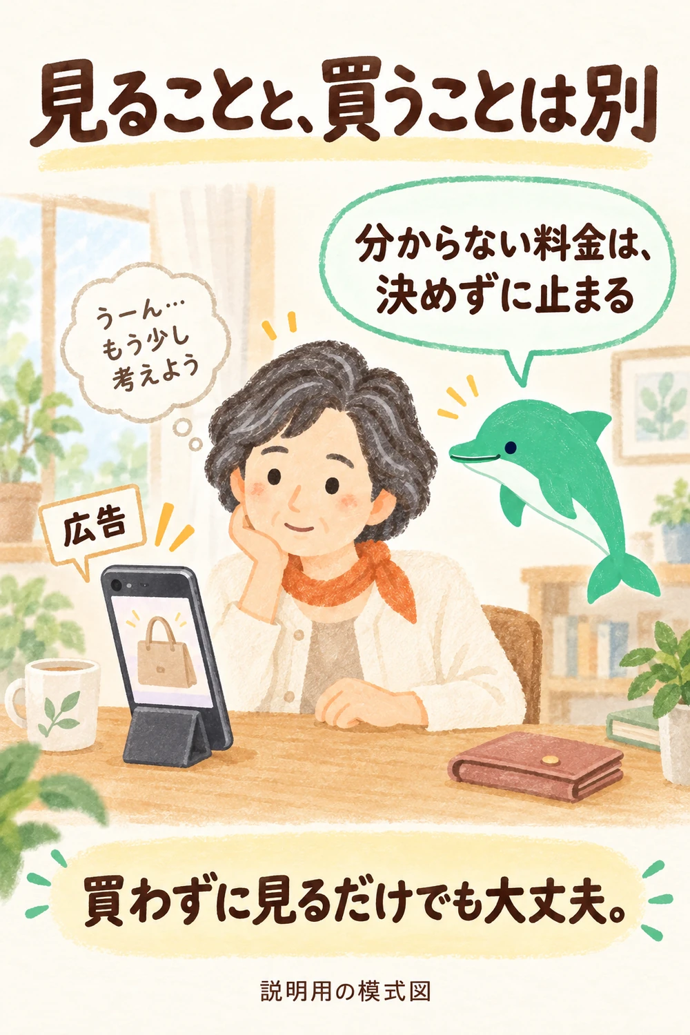 広告の商品を見ても購入せず、料金が分からないときは操作を止めて考える女性。