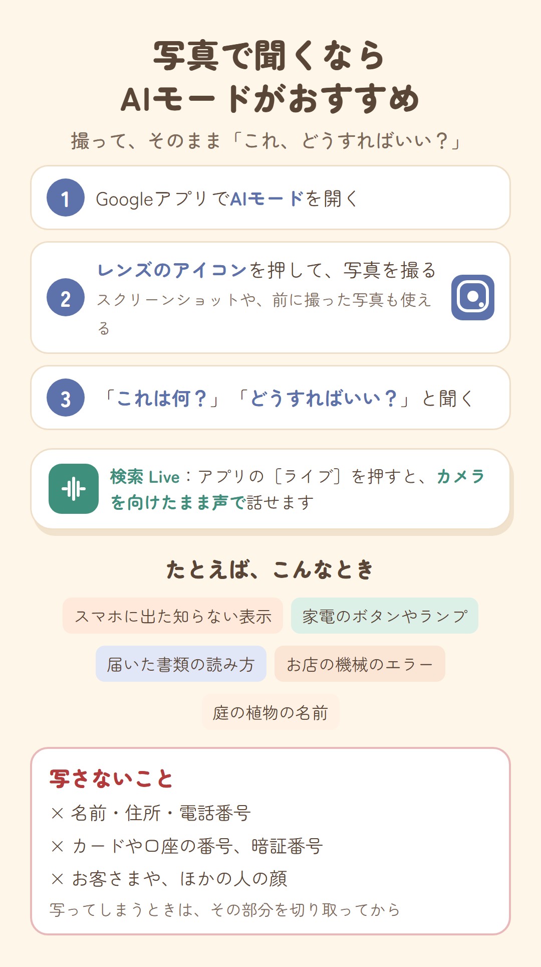 写真で聞くならAIモード。GoogleアプリでAIモードを開き、レンズのアイコンで写真を撮り、「これは何?」「どうすればいい?」と聞く。検索 Live ならカメラを向けたまま声で話せる。名前や住所、カード番号、ほかの人の顔は写さない