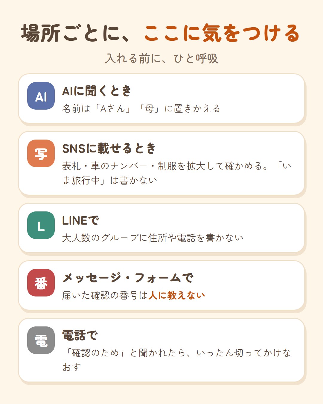 場所ごとに気をつけること。AIには名前をAさん・母に置きかえる。SNSは写真を拡大して表札や車のナンバーを確かめ、いま旅行中とは書かない。LINEの大人数のグループに住所を書かない。届いた確認の番号は人に教えない。電話で確認のためと聞かれたらいったん切ってかけなおす