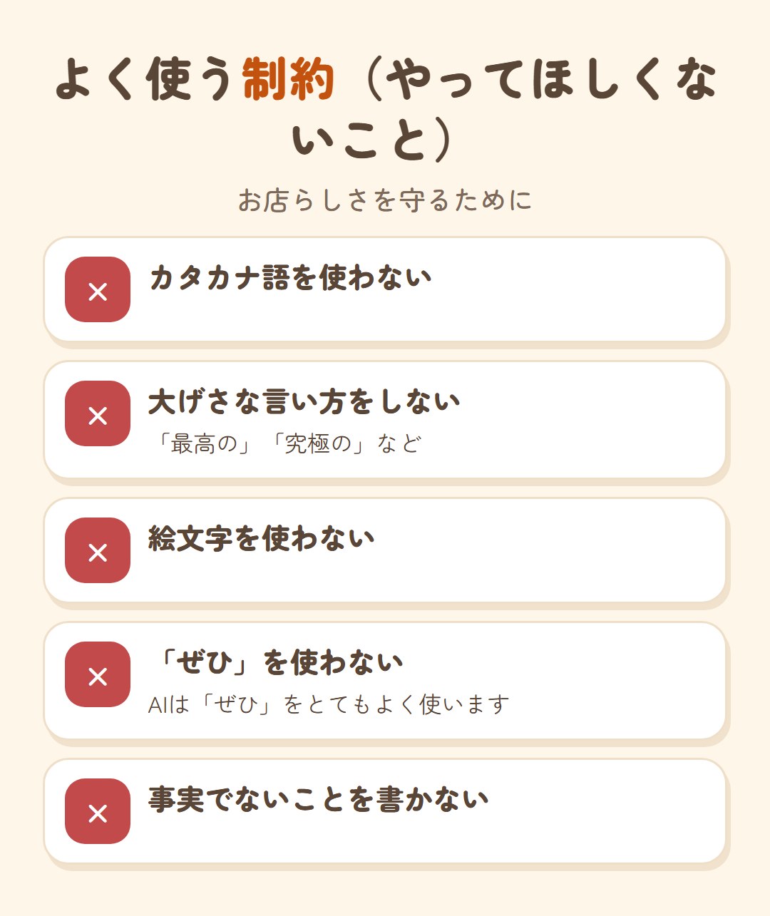 よく使う制約。カタカナ語を使わない、大げさな言い方をしない、絵文字を使わない、「ぜひ」を使わない、事実でないことを書かない