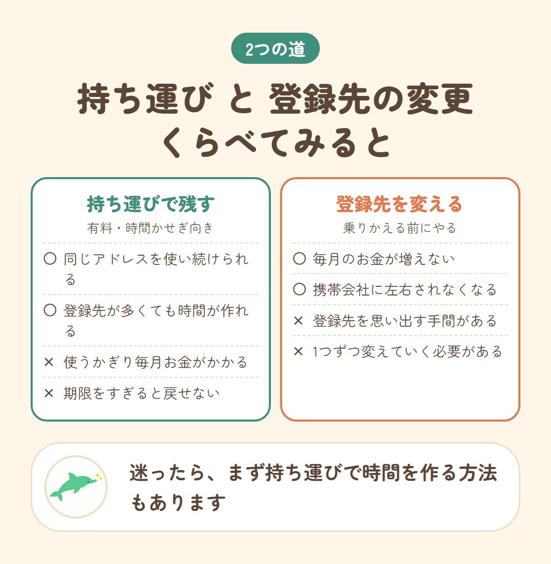 有料の持ち運びと、登録先を先に変える道を、お金や手間でくらべた図