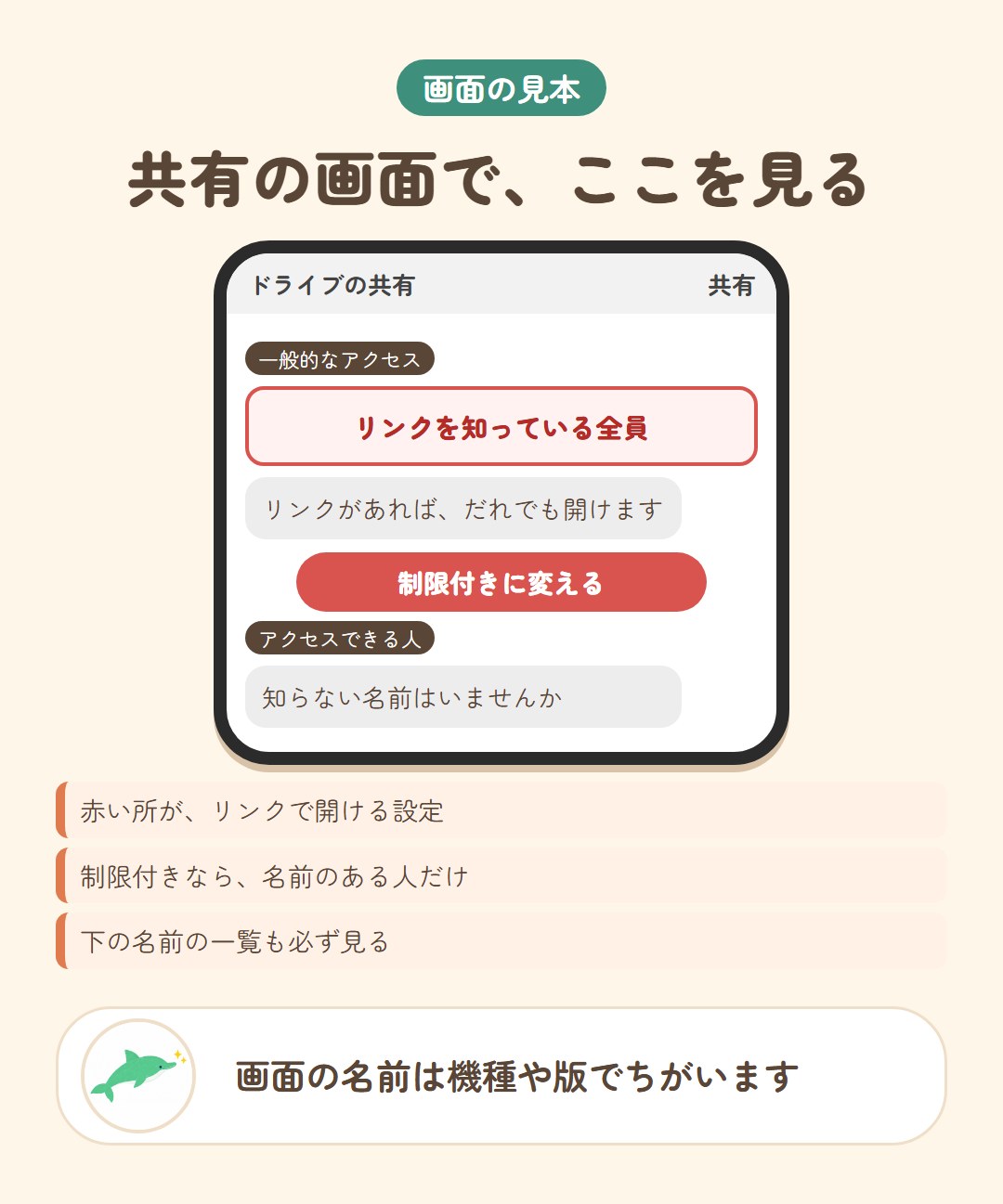 共有の画面の見本。リンクを知っている全員になっている所が危ない
