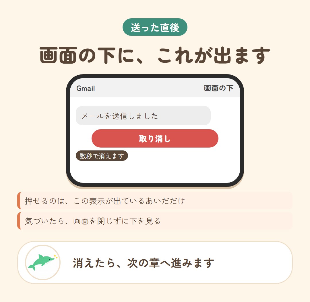 Gmailで送信した直後に、画面の下に出る「取り消し」の見本